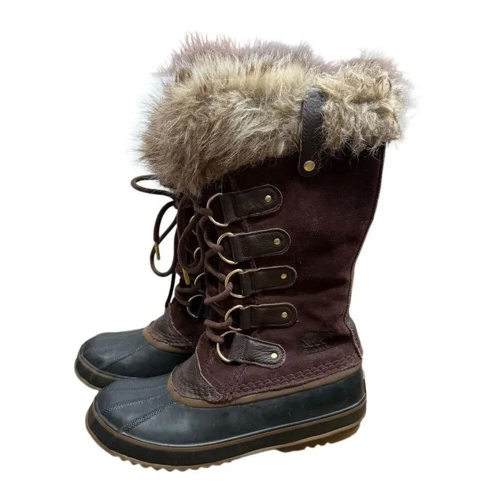 Sorel Waterproof Fur Trim Knee High Snow Boots Brown US 9